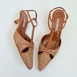 Manolo Blahnik Brown Turgimod 50mm Canvas Gold Leather trim slingback pumps 39.5